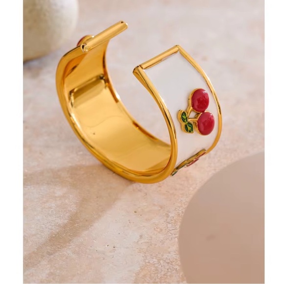 Cherry Enamel Gold Cuff Bracelet – PVD Gold Plated Stainless Steel - Picture 5 of 10